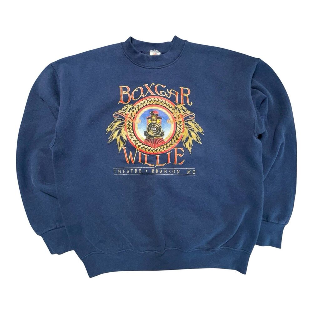 VTG Fruit Of The Loom Made In USA Sweater Navy Boxcar Willie Train Graphic L